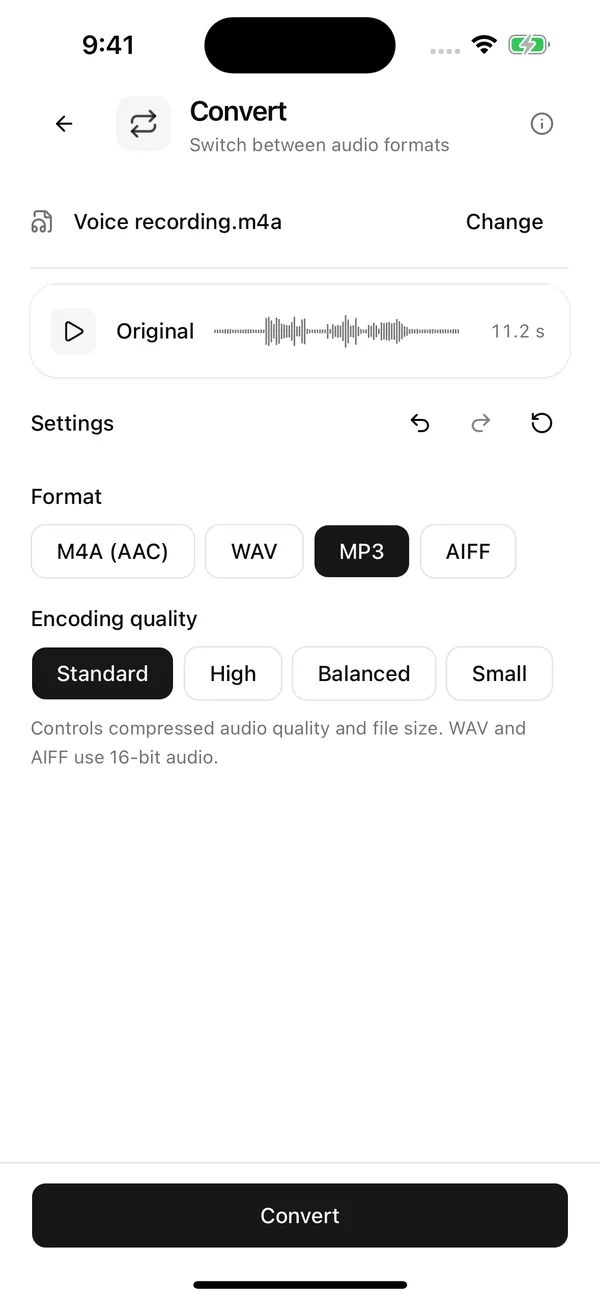 Wavli Convert screen with format choices M4A (AAC), WAV, MP3 and AIFF and encoding quality