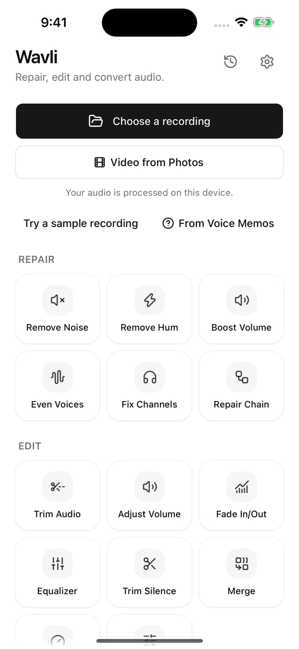 Wavli Home screen with Choose a recording, Video from Photos, and Repair and Edit tools