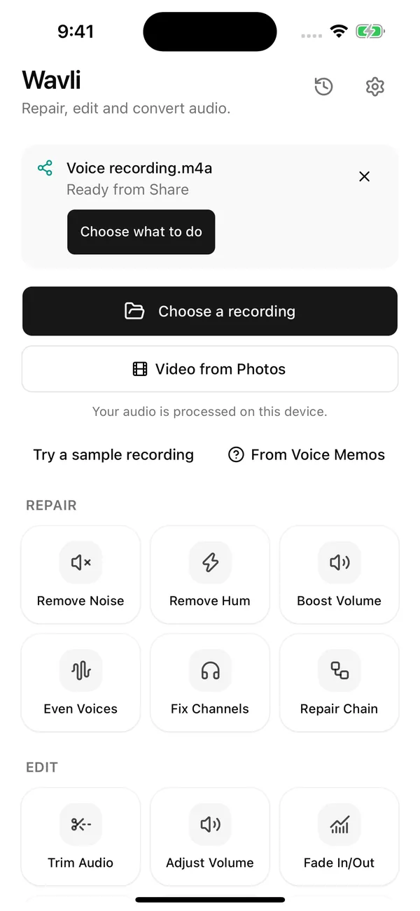 Wavli Home screen with a file waiting under Ready from Share