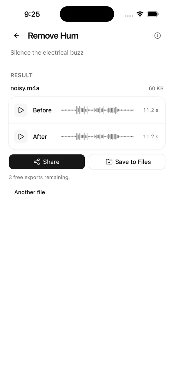 Wavli Remove Hum result with Before and After players