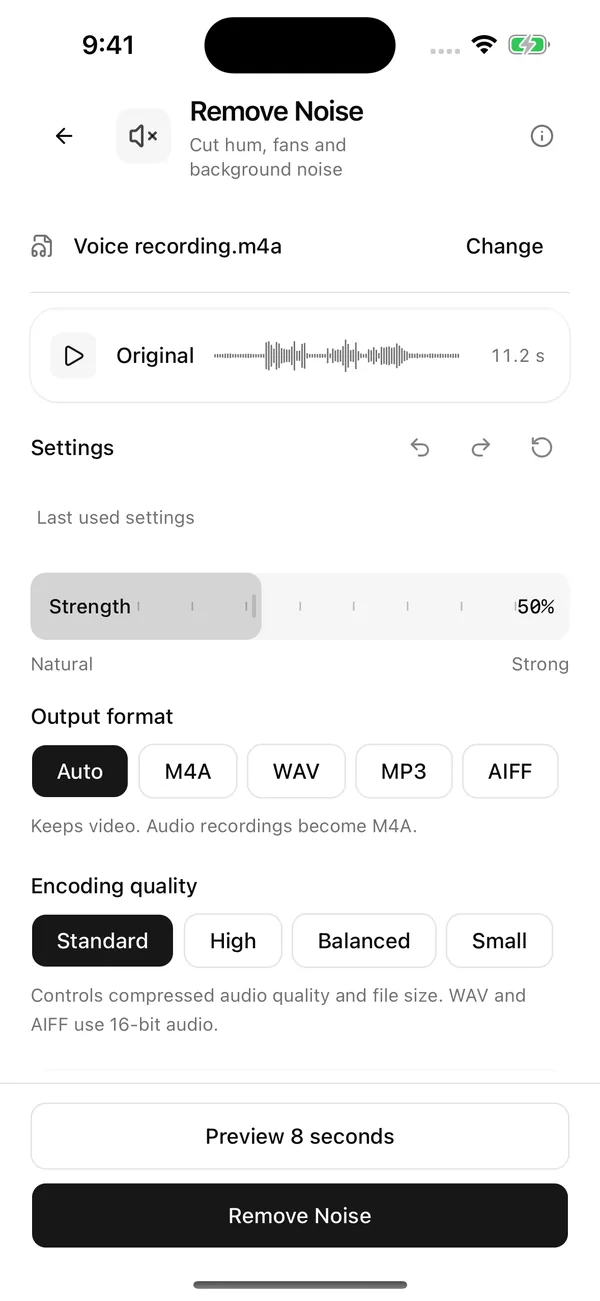 Wavli Remove Noise screen with the Strength slider from Natural to Strong and the Preview 8 seconds button