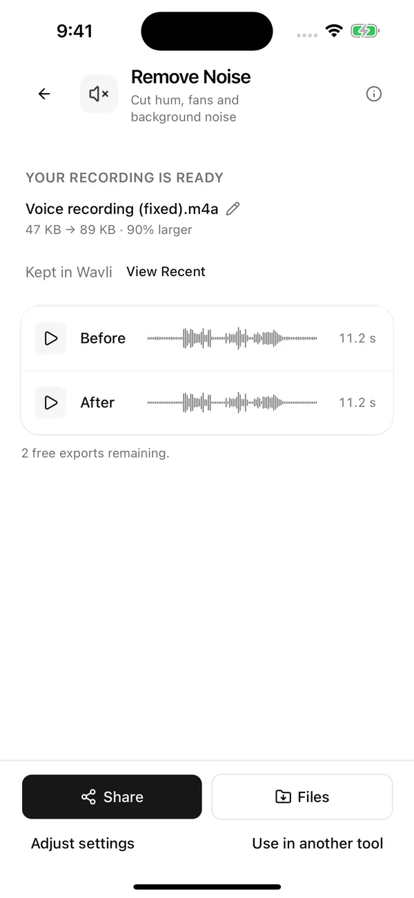 Wavli result screen with Before and After players and waveforms