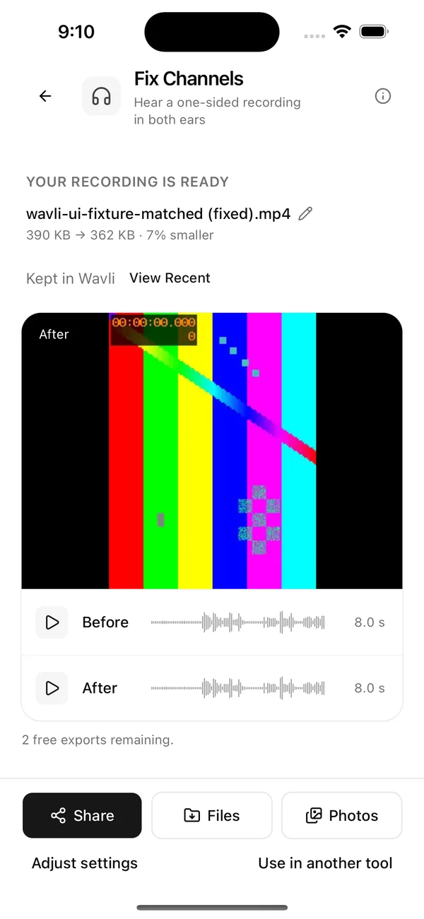 Wavli Fix Channels result for an MP4 video, with the picture above Before and After players and Share, Files and Photos