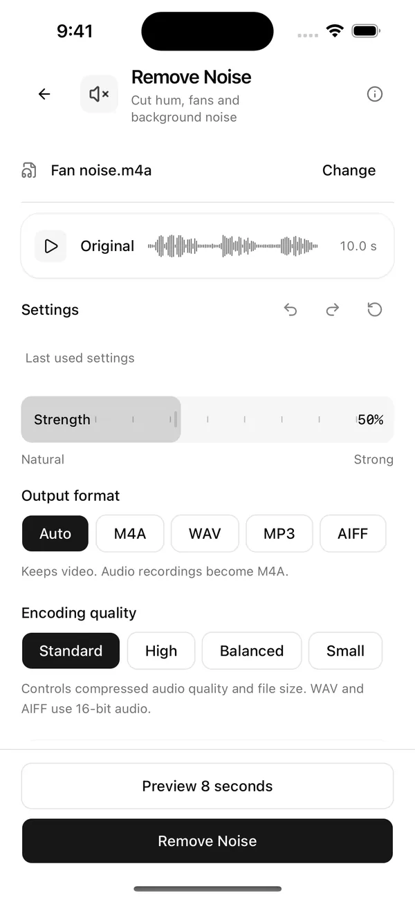 Wavli Remove Noise screen for Fan noise.m4a with Strength at 50%, Output format set to Auto, Encoding quality set to Standard, and the Preview 8 seconds and Remove Noise buttons